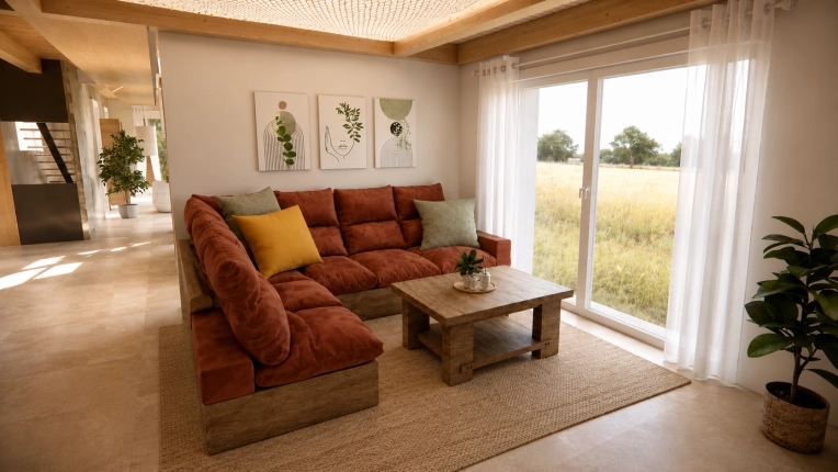 Contemporary, Nature, Living room, Full Project, Shopping list, 3D ambiance, Plan