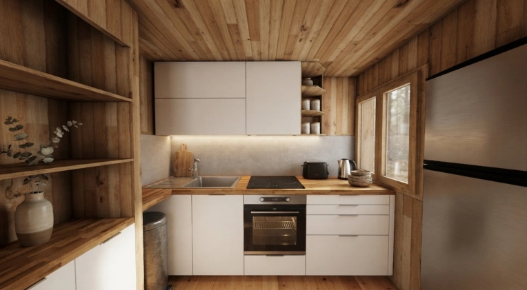 Rustic, Bohemian, Scandinavian, Kitchen, Full Project, 3D ambiance, Renovation