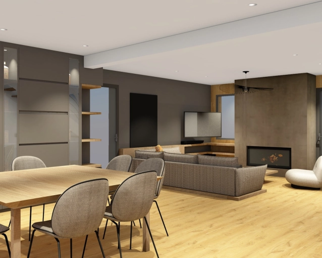 Contemporary, Living room, Shopping list, 3D ambiance, Plan, Renovation