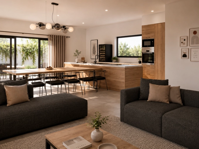 Minimalist, Chic, Dining room, Full Project, Creation of exclusive furniture, Shopping list, 3D ambiance, Plan
