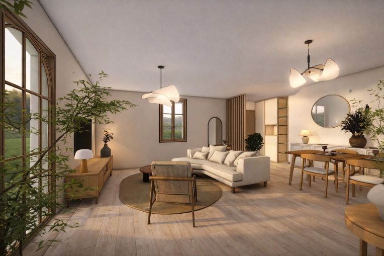 Minimalist, Japanese, Nature, Living room, 3D ambiance, Plan