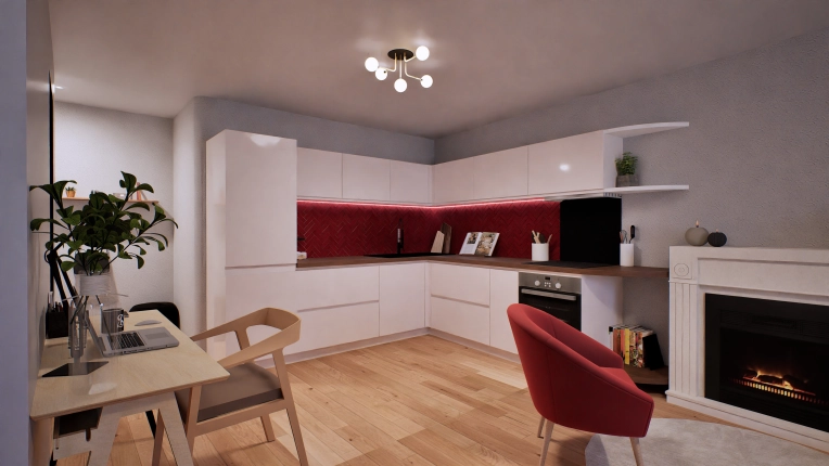 Contemporary, Kitchen, 3D ambiance, Plan