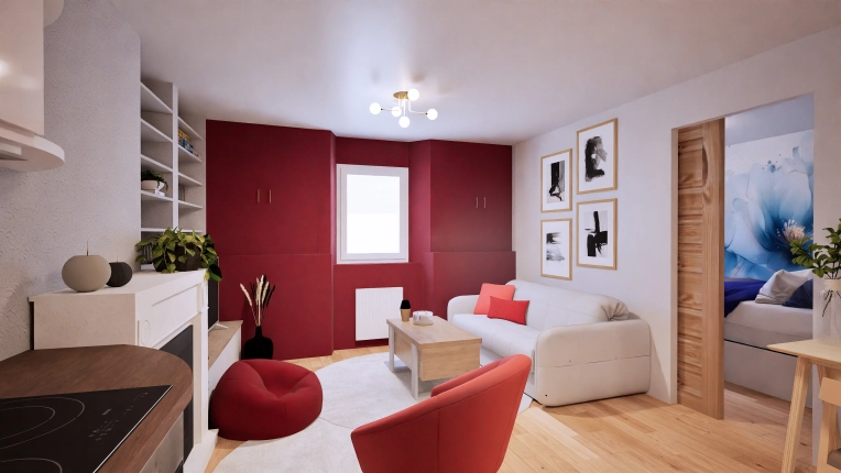 Contemporary, Living room, 3D ambiance, Plan
