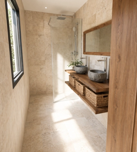 Scandinavian, Bathroom, Chic, Full Project, 3D ambiance, Plan
