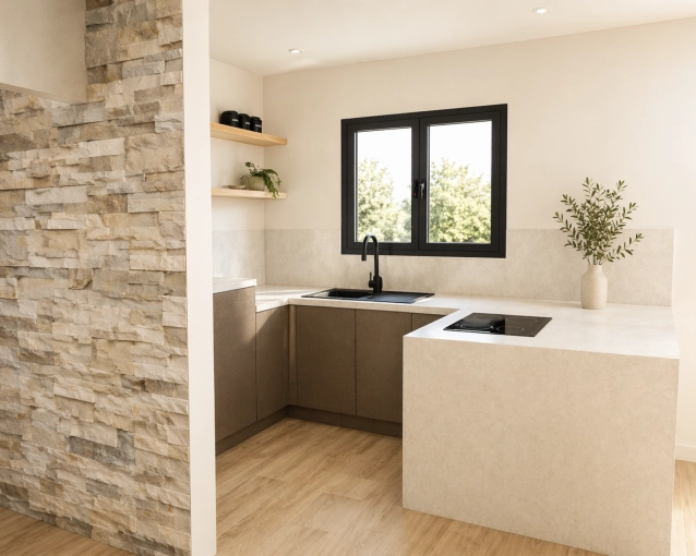 Contemporary, Scandinavian, Kitchen, Chic, Full Project, 3D ambiance, Plan