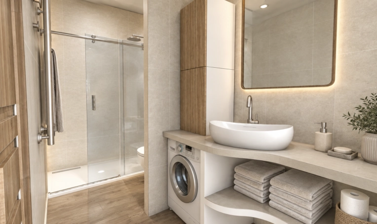 Contemporary, Scandinavian, Bathroom, Chic, Full Project, 3D ambiance, Plan, Renovation