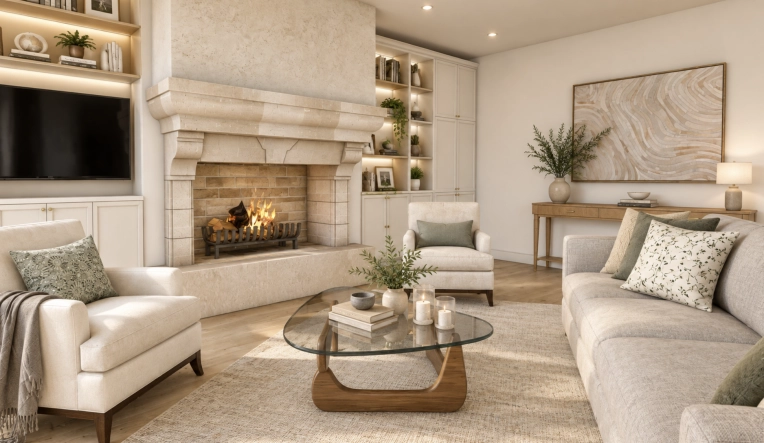 Vintage, Chic, Living room, Full Project, 3D ambiance, Plan, Renovation