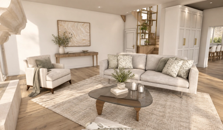 Contemporary, Vintage, Chic, Living room, Full Project, 3D ambiance, Plan, Renovation
