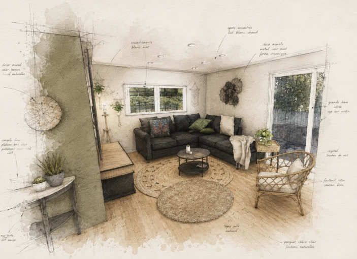 Rustic, Bohemian, Vintage, Chic, Living room, Full Project, 3D ambiance, Plan, Renovation