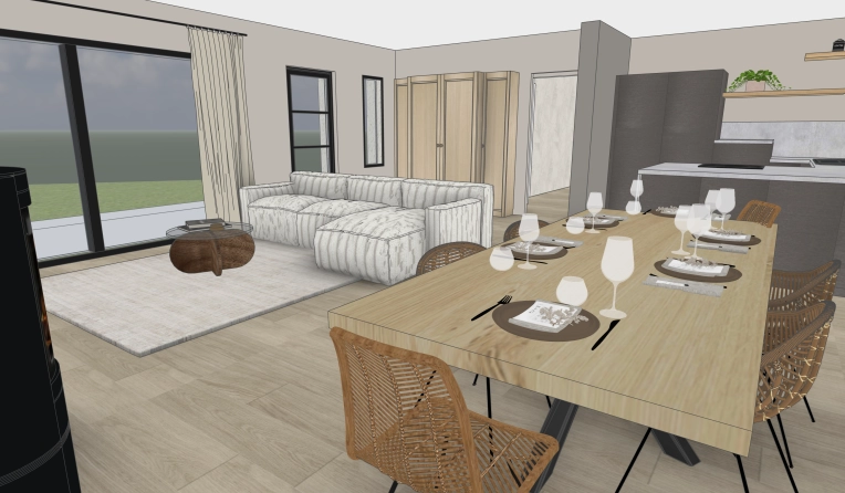Scandinavian, Vintage, Chic, Living room, Full Project, 3D ambiance, Plan