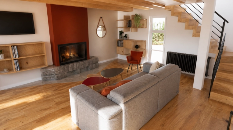 Industrial, Rustic, Bohemian, Living room, Full Project, 3D ambiance, Plan, Renovation