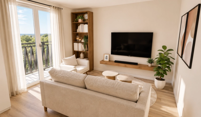 Bohemian, Contemporary, Chic, Living room, Full Project, 3D ambiance, Plan, Renovation