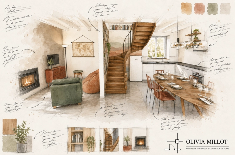 Bohemian, Vintage, Chic, Living room, Full Project, 3D ambiance, Plan, Renovation