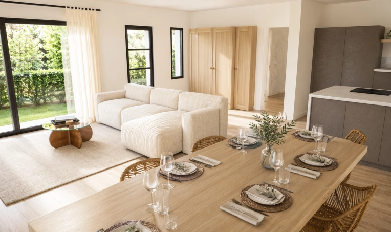 Rustic, Contemporary, Scandinavian, Chic, Dining room, Full Project, 3D ambiance, Plan