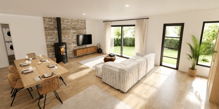 Rustic, Contemporary, Scandinavian, Chic, Dining room, Full Project, 3D ambiance, Plan