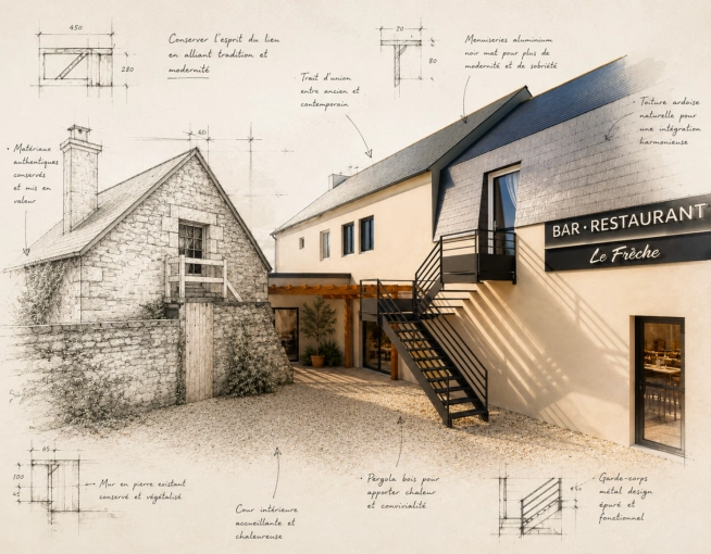 Rustic, Restaurant, Vintage, Chic, Full Project, 3D ambiance, Plan, Renovation