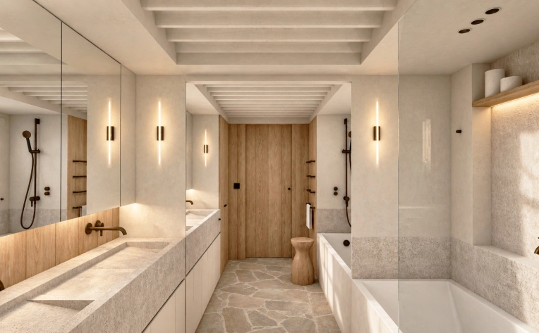 Rustic, Minimalist, Contemporary, Bathroom, Chic, Nature, Wabi-sabi, Consultation Visit, Creation of exclusive furniture, Plan, Layout