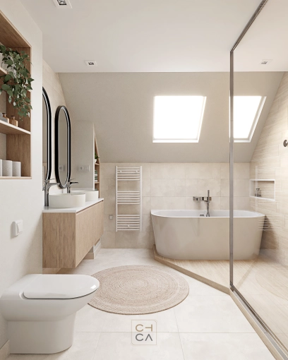 Scandinavian, Bathroom, Nature, Full Project, 3D ambiance