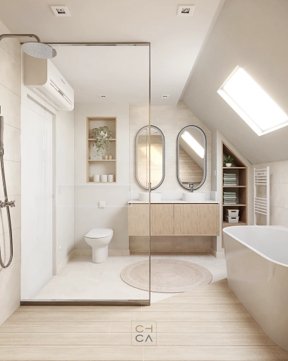 Scandinavian, Bathroom, Nature, Full Project, 3D ambiance