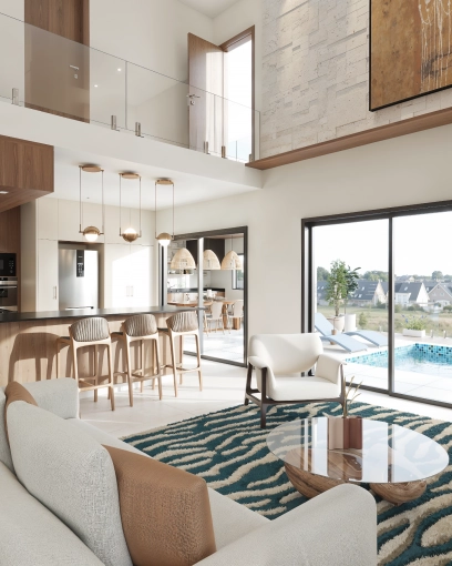 Contemporary, Chic, Nature, Living room, Creation of exclusive furniture, 3D ambiance, Layout