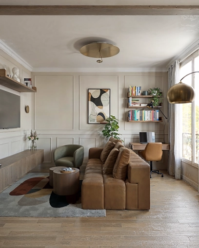 Living room, Shopping list, 3D ambiance, Plan, Layout