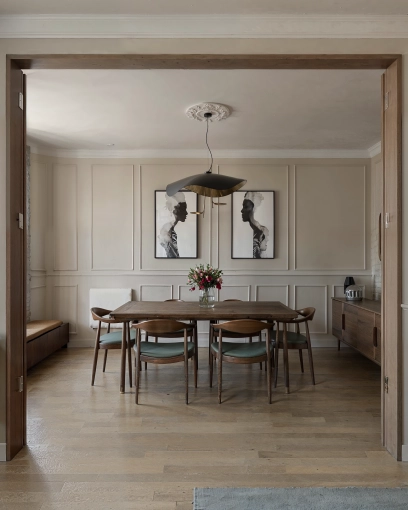 Contemporary, Chic, Dining room, Shopping list, 3D ambiance, Plan, Layout