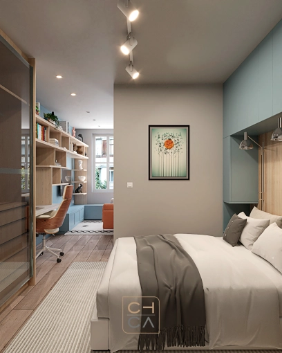 Bohemian, Contemporary, Tiny house, Creation of exclusive furniture, 3D ambiance, Plan, Layout