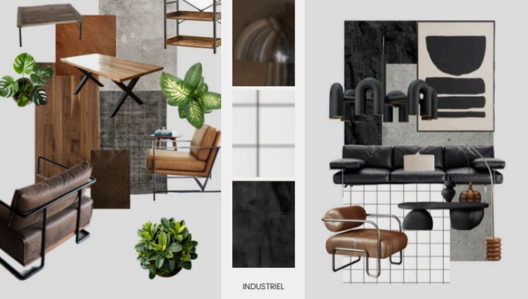 Industrial, Maximalist, Living room, Shopping list, 3D ambiance, Textile designer