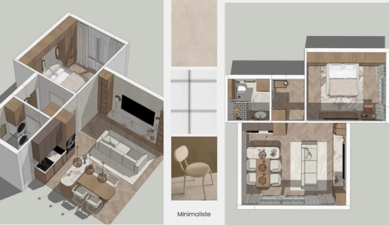 Home, Minimalist, Bathroom, Kitchen, Room, Living room, Dining room, 3D ambiance, Plan