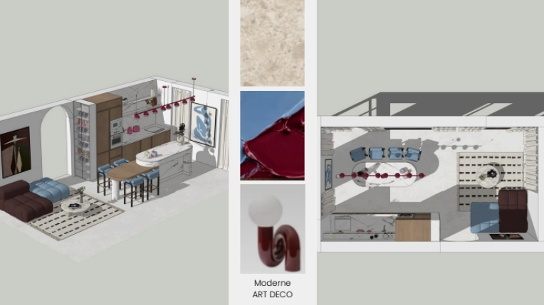 Contemporary, Vintage, Kitchen, Chic, Living room, Dining room, 3D ambiance, Plan