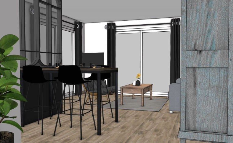 Industrial, Dining room, 3D ambiance, Plan, Layout
