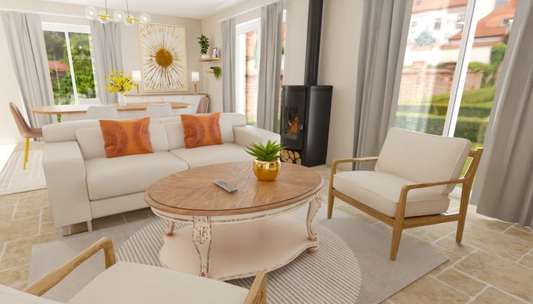 Contemporary, Scandinavian, Living room, Remote Coaching, 3D ambiance, Plan