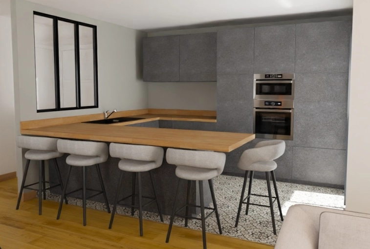 Contemporary, Kitchen, Remote Coaching, 3D ambiance, Plan