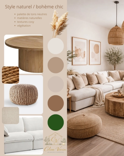 Bohemian, Chic, Living room, Shopping list, 3D ambiance