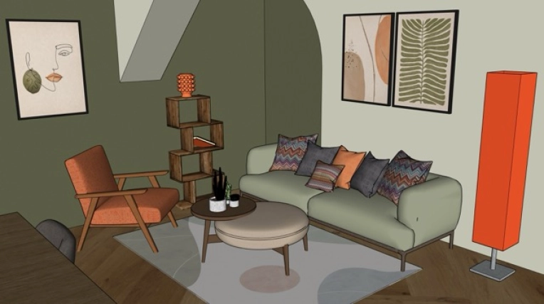Contemporary, Chic, Nature, Living room, Full Project, 3D ambiance, Layout