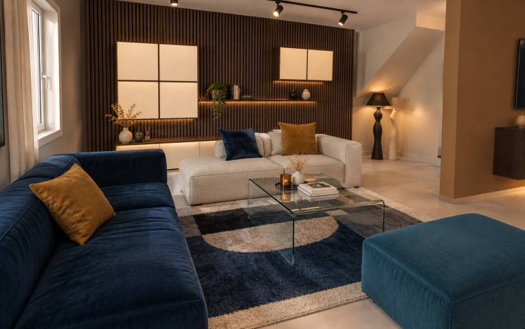 Minimalist, Contemporary, Scandinavian, Chic, Living room, Full Project, 3D ambiance