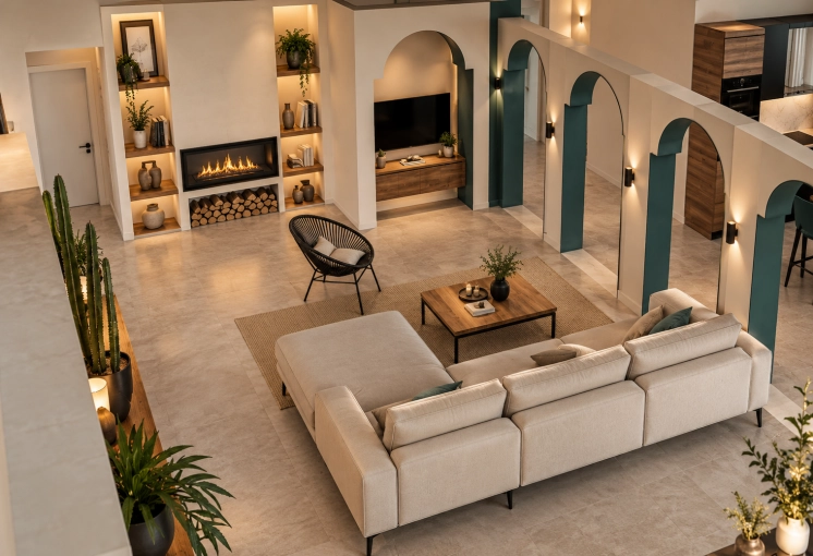 Scandinavian, Chic, Living room, Full Project, Remote Coaching, Creation of exclusive furniture, 3D ambiance, Textile designer, Layout