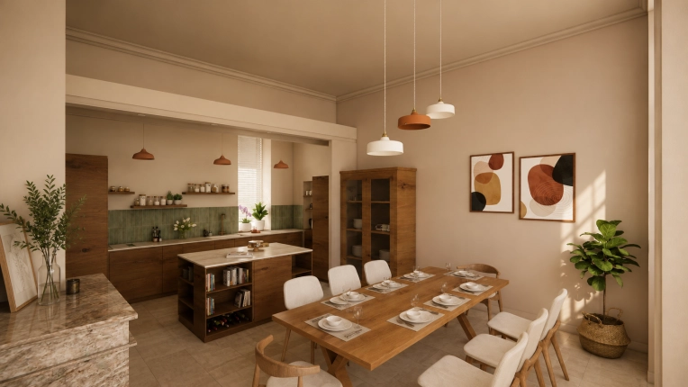 Scandinavian, Dining room, 3D ambiance, Plan, Layout
