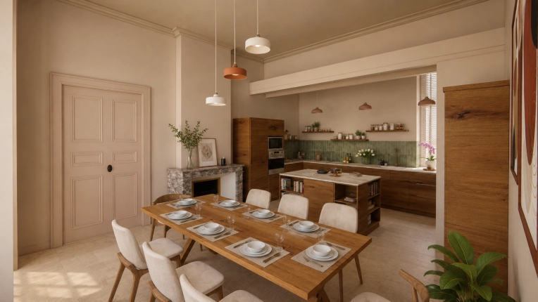 Scandinavian, Dining room, 3D ambiance, Plan, Layout