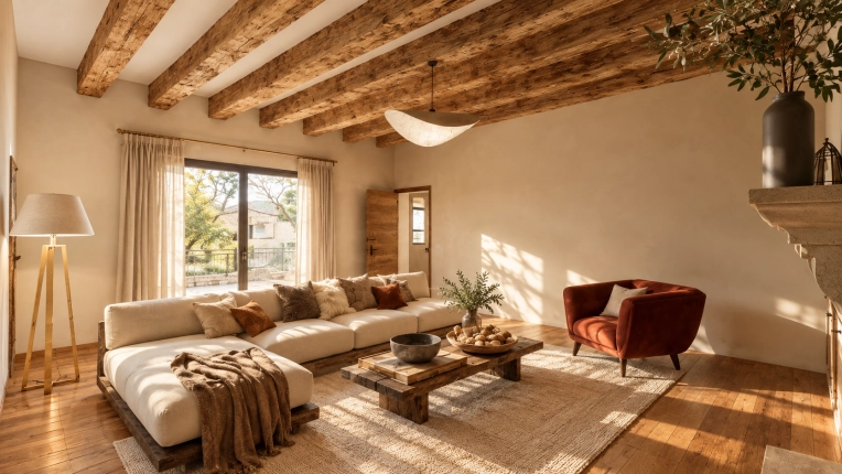 Bohemian, Living room, 3D ambiance, Plan, Renovation, Layout