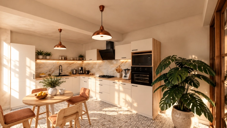 Kitchen, Chic, 3D ambiance, Plan, Renovation, Layout