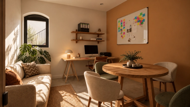 Scandinavian, Office, 3D ambiance, Plan, Renovation, Layout