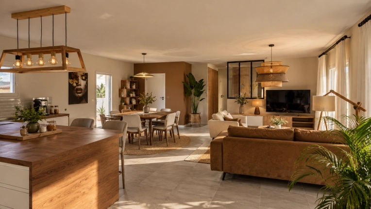 Home, Bohemian, Full Project, 3D ambiance, Plan, Layout