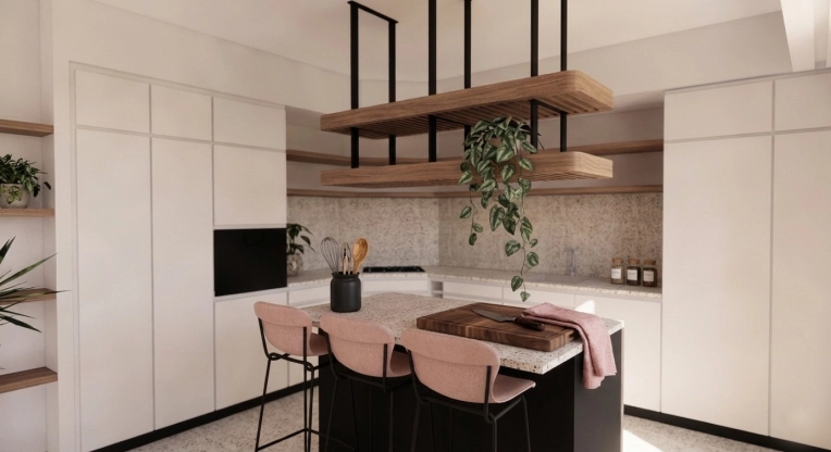 Minimalist, Contemporary, Kitchen, Energy renovation, Creation of exclusive furniture, 3D ambiance, Plan, Renovation, Layout