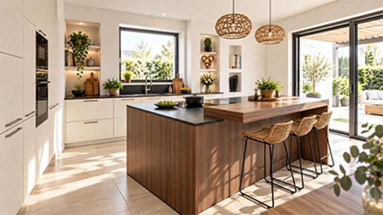 Minimalist, Contemporary, Kitchen, 3D ambiance, Plan, Renovation, Layout