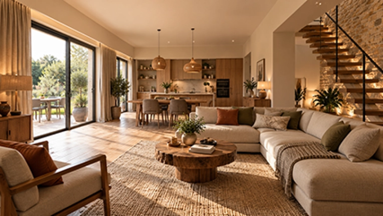 Minimalist, Contemporary, Living room, Wabi-sabi, Creation of exclusive furniture, 3D ambiance, Plan, Renovation, Layout